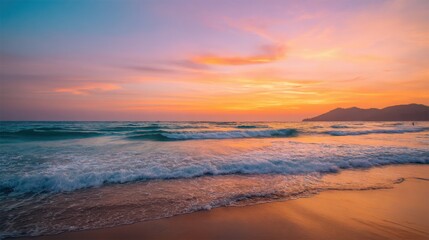 Fototapeta premium tropical beach at sunset, soft waves, colorful sky with orange and pink hues, relaxing mood, travel and paradise concept