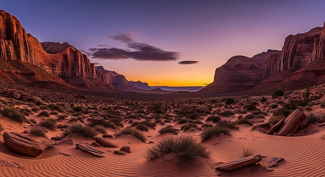 Majestic desert valley at dusk, sandstone formations, warm sunset glow - Powered by Adobe