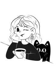 A girl with a cat sitting at a table, with a cup of coffee nearby. The atmosphere is cozy and calm, the image is in light tones, creating a pleasant feeling of home comfort.