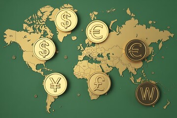 Diverse Golden Currency Symbols Placed on a World Map Illustrating International Monetary Exchange global currency