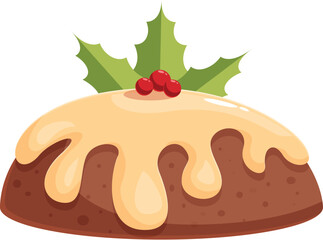 Christmas pudding with holly and custard on white background