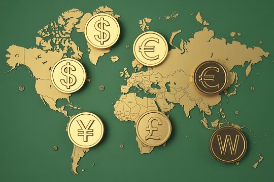 Diverse Golden Currency Symbols Placed on a World Map Illustrating International Monetary Exchange global currency