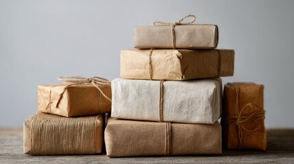 Stack of six small gift boxes tied together with twine. the boxes are made of brown paper and are arranged in a pyramid-like shape.