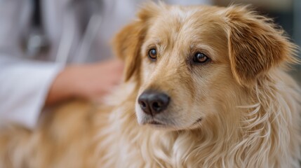 Close-up of a golden retriever dog's face. the dog is looking directly at the camera with a serious expression. its fur is long and fluffy, and its eyes are dark and alert.
