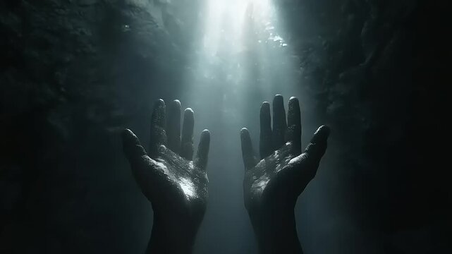 Pair of dark hands reaching upward toward bright shafts of light penetrating darkness