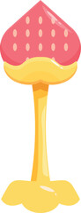 Cartoon drawing of a heart shaped strawberry dipped in yellow cream, resembling a mushroom