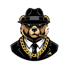A stylized illustration of a bear character dressed in a suit, smoking a cigar.