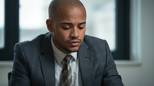 Focused African American Male School Principal or Business Professional in Suit Reflectively Looking Down in Office