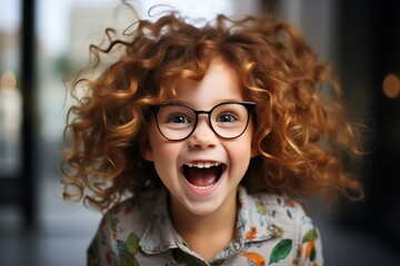joyful child with curly red hair and glasses smiling widely on blurred. excitement on their face reflects pure happiness and delight in moment