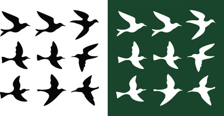 bird silhouette grid twelve airborne poses vector composition set