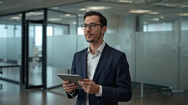 Confident School Principal in Modern Office with Tablet, Leading Educational Vision