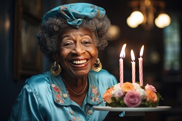 happy mature african american woman in blue dress holding cake with candles on it. She smiling and she happy