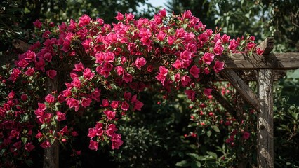 Vibrant pink bougainvillaea flowers cascading over a wooden trellis in a garden setting.