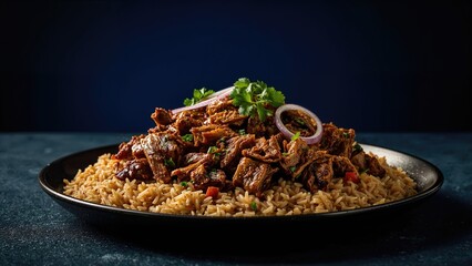 Plate of rice with beef stew and garnishes on a dark background.