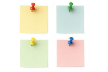 Colorful sticky notes with push pins, organizing reminders and memos on a transparent background