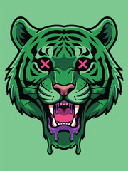 Green Tiger Head Vector Illustration – Fierce Animal Mascot with Bold Pop Art Style
