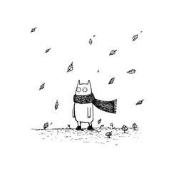 Cartoon cat with a scarf standing in falling leaves in a black and white drawing style illustration