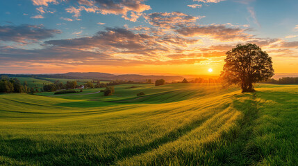 Obraz premium Golden sunrise illuminates a solitary tree in a vast green field, casting long shadows and creating a breathtaking landscape