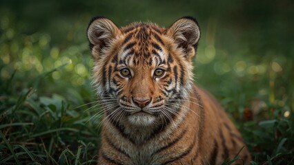 Obraz premium Young tiger on green grass with plants and trees. Wildlife and animals, nature, predator, and young animal concept. The concept of wildlife and animal habitat.