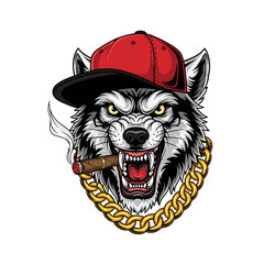 Fierce wolf with a red cap, gold chain, and cigar, snarling aggressively.