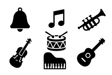 Obraz premium Collection Of Musical Instruments And Symbols Including Bell Trumpet Violin Drum Piano And Guitar On White Background