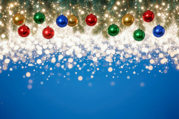 Festive Christmas frame: red, green, and gold Christmas baubles hanging on fir branches with glowing lights on a blue background