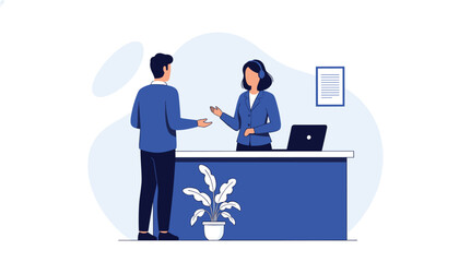 Professional businesswoman assists client at modern reception desk fostering trust and efficient service delivery in a welcoming office environment