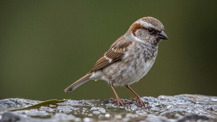 Fototapeta premium A sparrow perched on a surface with a blurred green background.