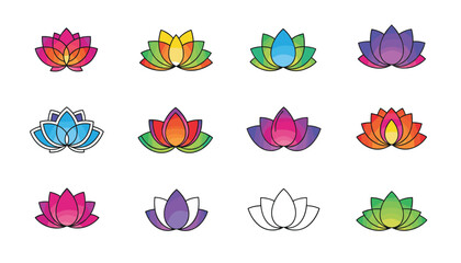 Vibrant lotus flower icons in rainbow gradient colors and outlines symbolizing peace harmony and new beginnings for wellness brands