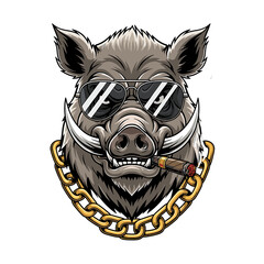 A stylized illustration of a wild boar wearing sunglasses and a gold chain.