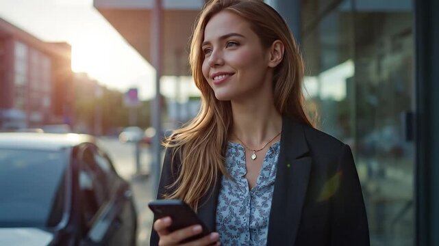 Smiling Female School Principal with Smartphone in Hand, Exuding Confidence in a Bright Urban Setting