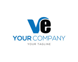 Blue and vector template black V E letters with company name and tagline logo business