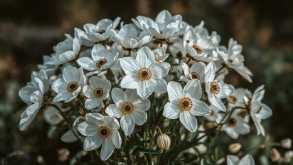 White flowers with yellow centers arranged in a clustered bouquet.