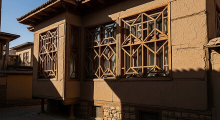 Ornate window details on an old, earthy building exterior