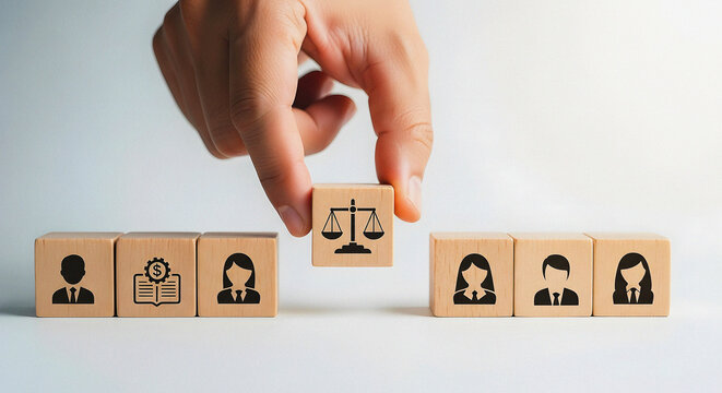 Hand Placing a Justice Scale Icon Block to Balance a Line of Wooden Blocks with People Icons, A Conceptual Image for Equality in the Workplace, Gender Parity, and Fair Legal Representation