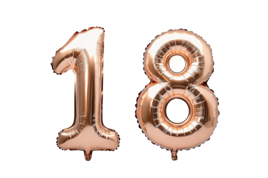 Rose gold number balloons isolated on a transparent background