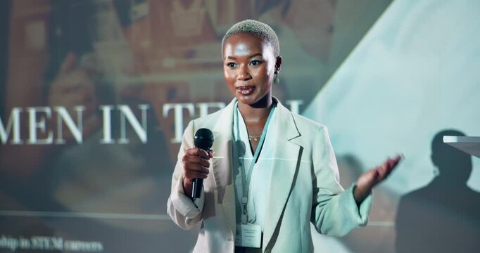 Speaker, microphone and conference with business black woman for discussion, gender equality and tech workshop. Presenter, feminism seminar and inclusion expo with person in convention for summit