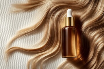 Naklejka premium Luxurious hair oil bottle on flowing blonde locks