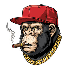 A stern chimpanzee wearing a red cap and gold chain, smoking a cigar.
