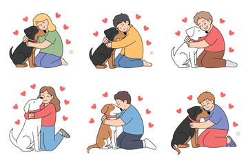 Kids Petting Dogs Vector Illustration &ndash; Happy Children Hugging Puppies, Smiling Boys and Girls Playing with Domestic Pets, Best Friends Image