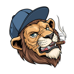 A fierce lion illustration wearing a cap and smoking a cigar, showing anger.