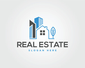 Blue and grey house and skyscraper logo with real estate text vector template home
