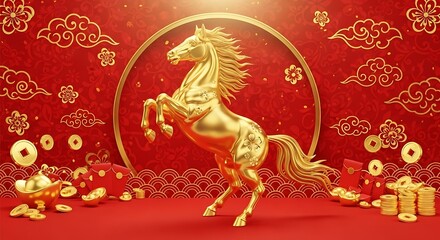 Fototapeta premium Golden horse statue on a red background with clouds and coins symbolizes wealth and prosperity for chinese new year celebration