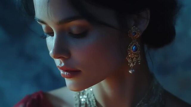 Female portrait showing elaborate dangling gemstone earring against dark background