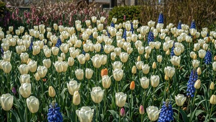 A garden with white tulips and blue grape hyacinths in full bloom.
