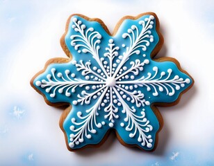 decorated snowflake cookie with blue icing and white accents