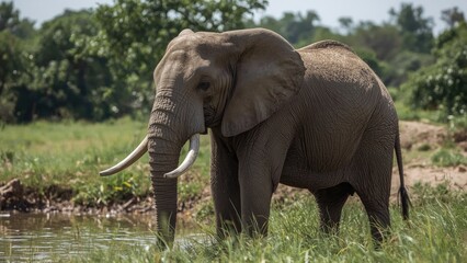 Obraz premium Elephant at waterbody in a natural setting with greenery and trees in the background.