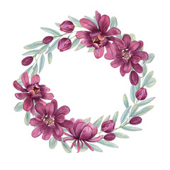 Watercolor purple flowers and eucalyptus long leaves round frame with copy space for text. Aromatic spice in blossom wreath. Floral card template for greeting cards, label, invitation.