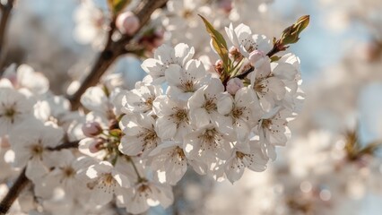 Obraz premium Cherry blossom flowers in full bloom, close-up shot with soft background. Springtime flowers, blooming trees, floral nature scene.
