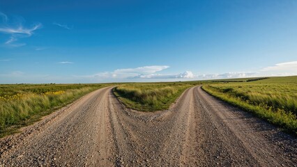 A dirt road split into two paths in a grassy field under a blue sky.